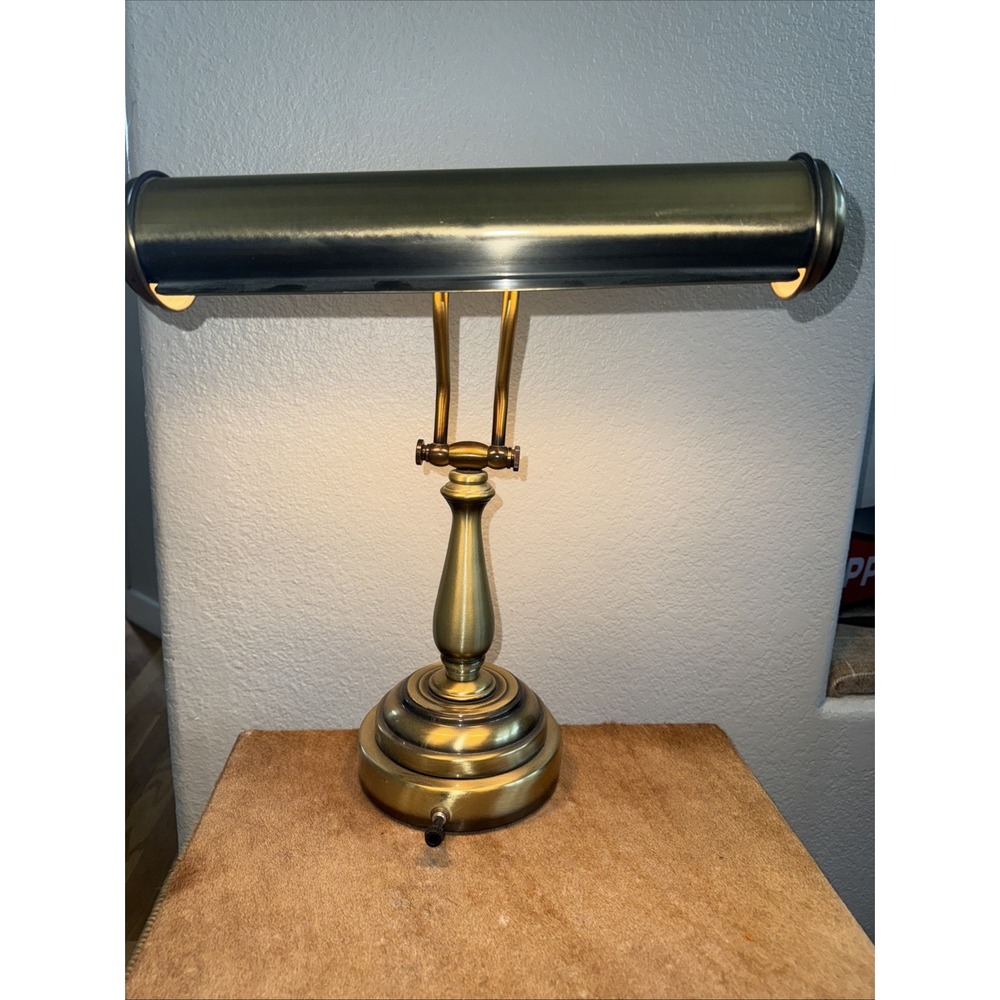 Vintage Brass Colored Metal Desk Piano Bankers Adjustable Double Arm Lamp WORKS!
